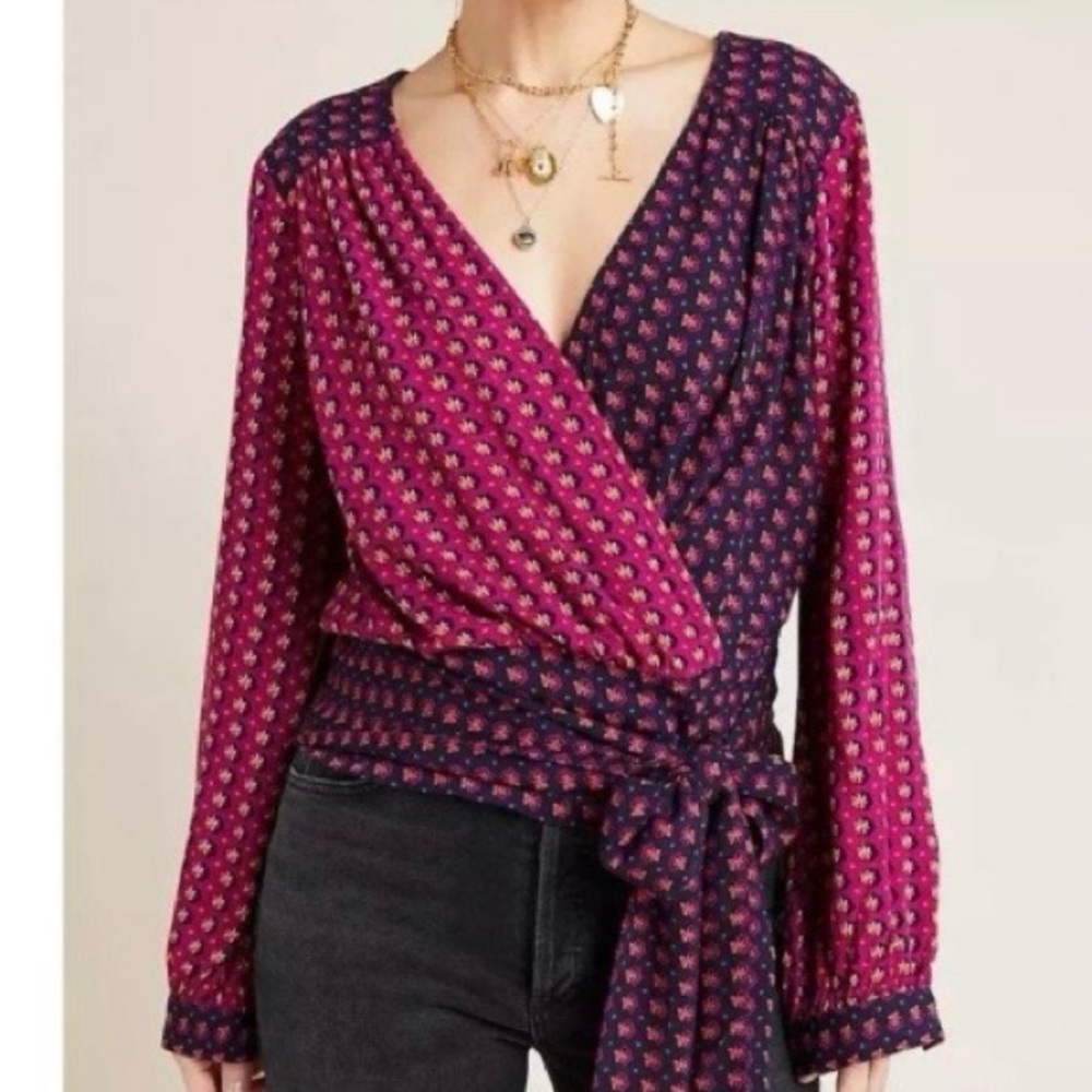 Anthropologie Maeve Pink and Blue Faux Wrap Blouse size US 2